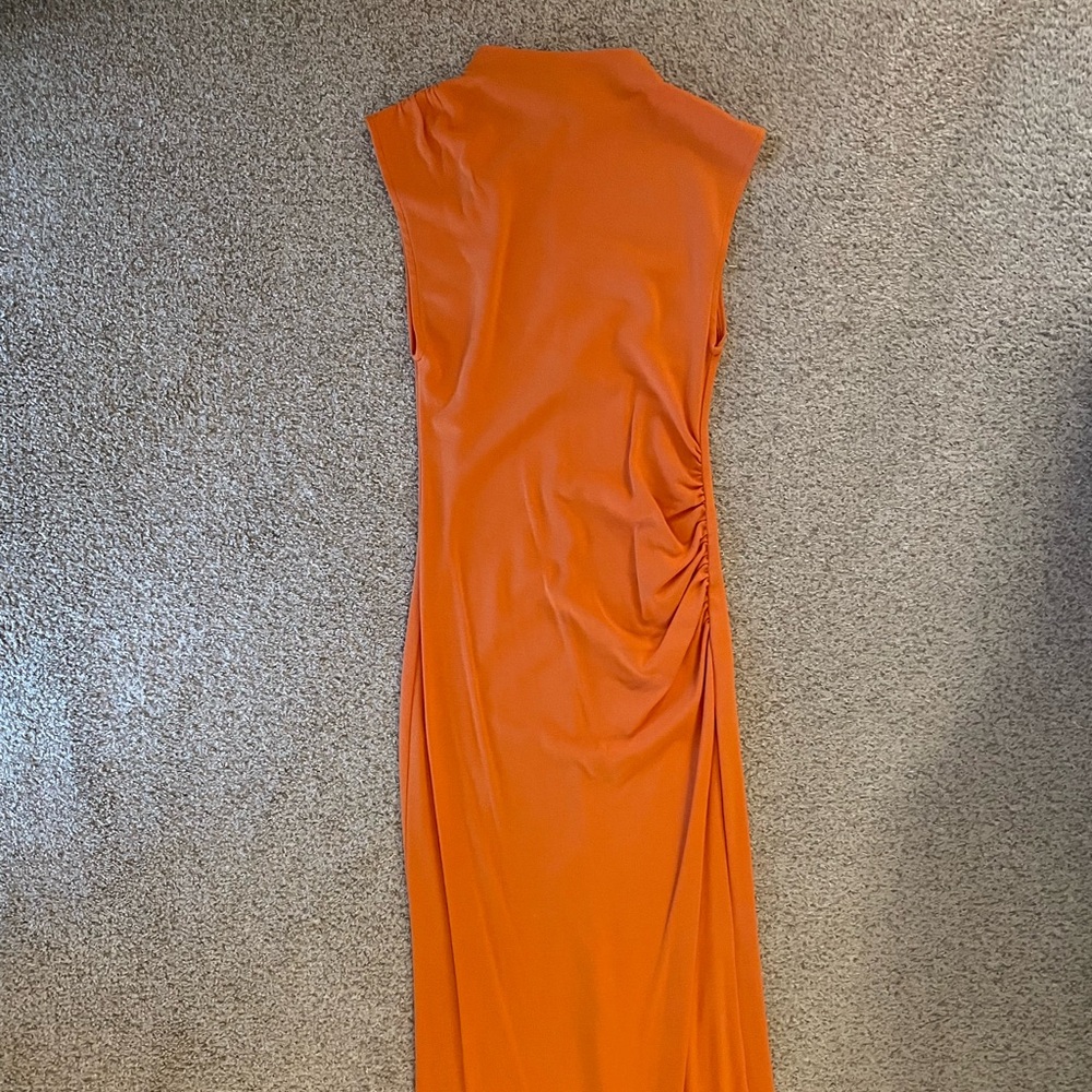 Mango orange mock neck maxi dress ruched side back slit XS